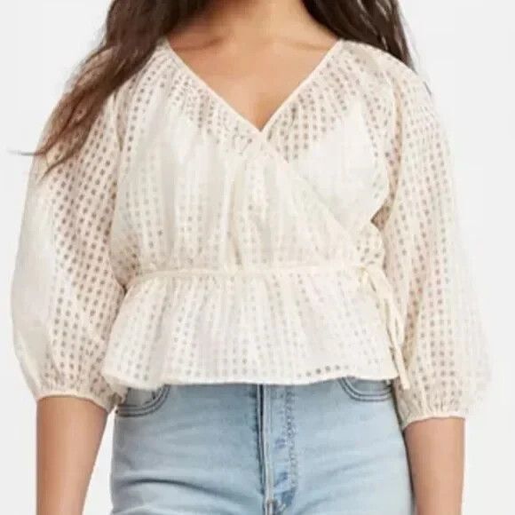 LEVIS Top Women M Delilah Wrap Surplice Blouse Peplum Sheer Windowpane Off White - Picture 3 of 10